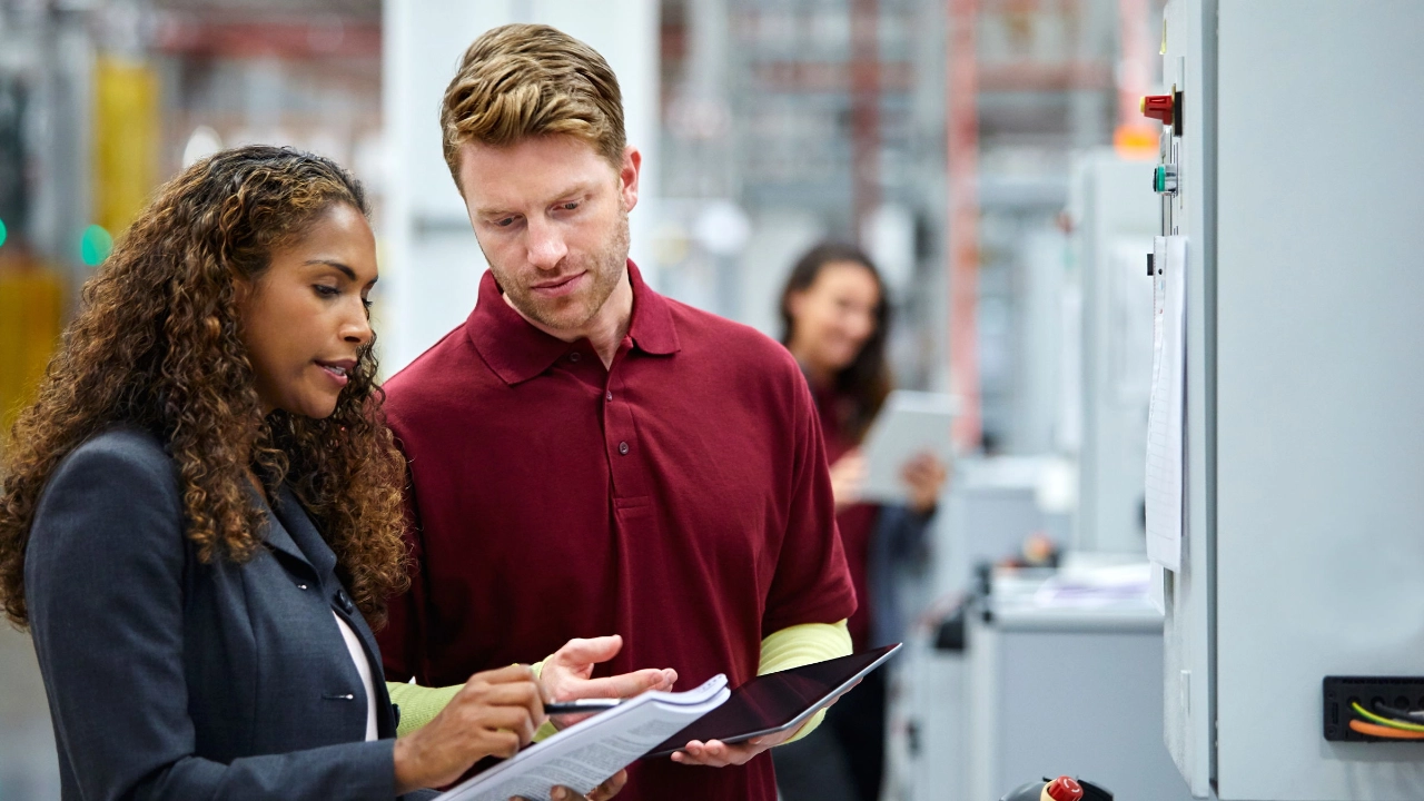 Kolleginnen und Kollegen diskutieren über Dokumente im Automobilwerk
