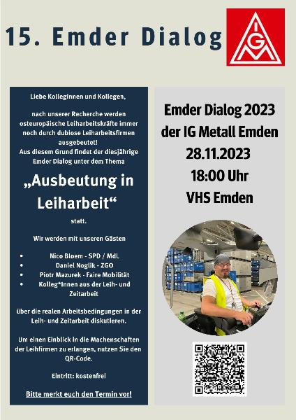 Einladung 15.Emder Dialog 2023, 28.11.23 ,18:00 Uhr VHS Emden, An der Berufsschule 3, 26721 Emden