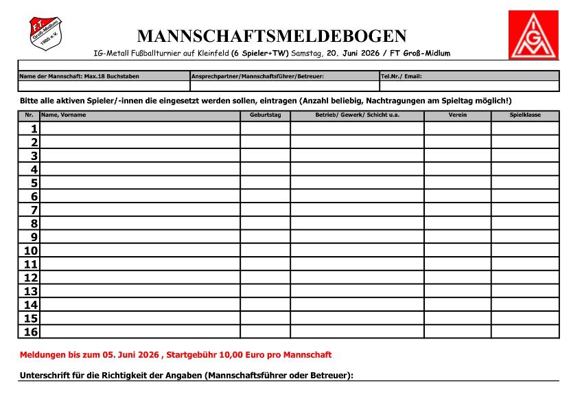 Mannschaftsmeldebogen IG Metall Fußballturnier